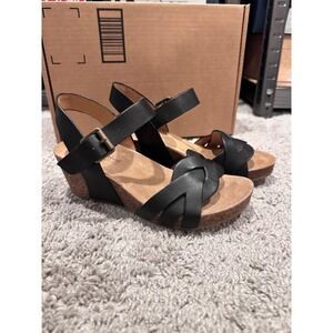 Comfortiva Erena Pillowtop Memory Foam Black‎ Leather Wedge Sandals 6.5W $125